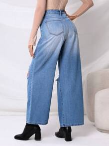 SHEIN Privé 高腰破洞闊腿牛仔褲 - 淺色水洗藍 - 查看 2