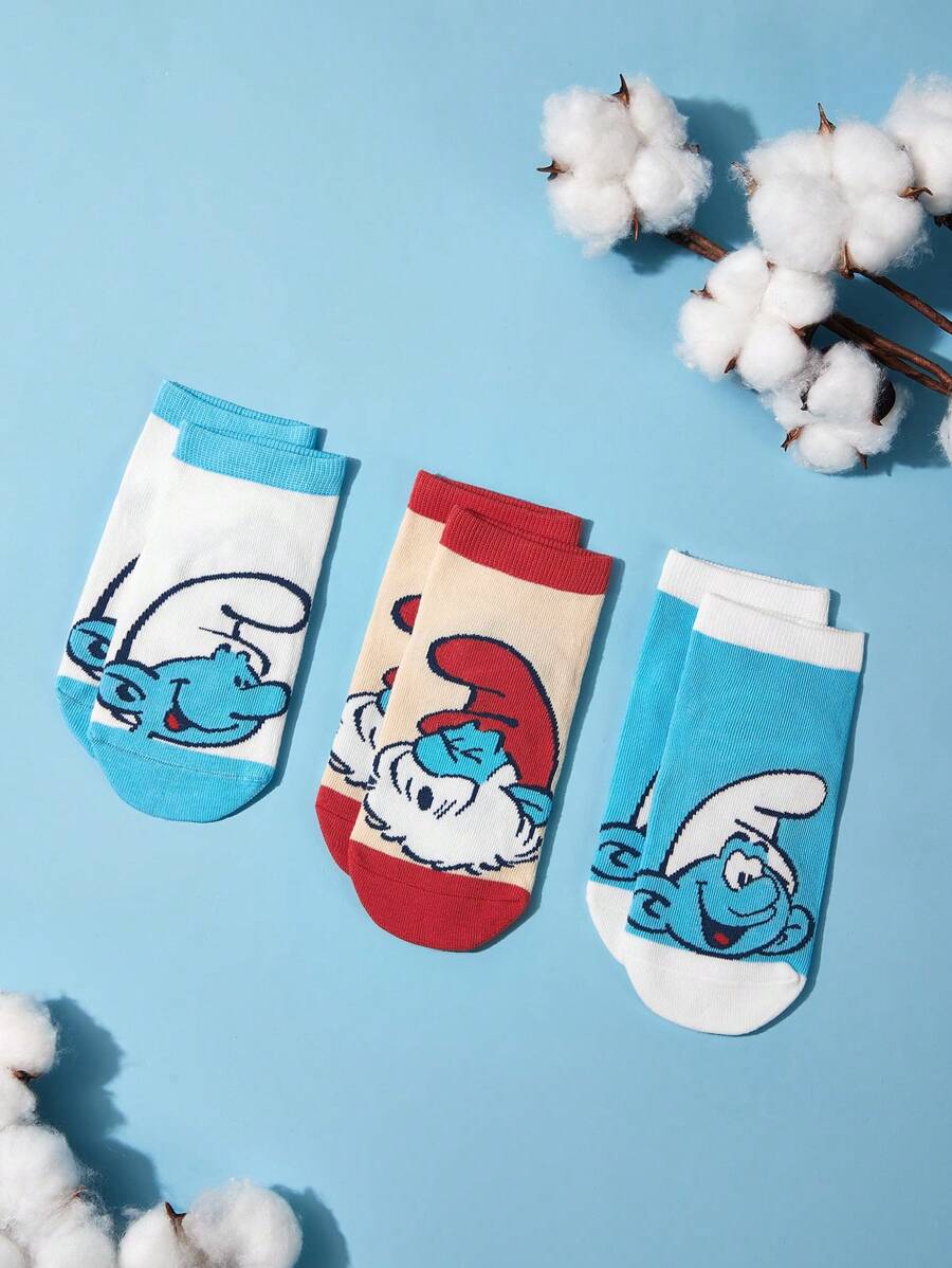 SHEIN X The Smurfs Co-branded Children Soft Breathable Short Socks, 3pairs/set - Multicolor - View 1