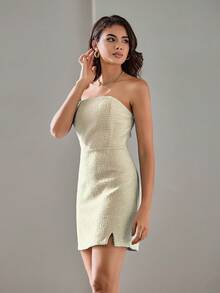 SHEIN BIZwear Lapel Neck Blazer & Split Hem Tube Dress - Yellow - View 4