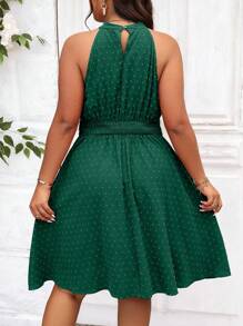 Celure Plus Swiss Dot Halter Neck Dress - Green - View 2