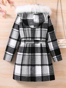 SHEIN Cô gái Tween Kẻ sọc Trang trí Fuzzy áo có mũ Thắt lưng Áo khoác - Màu be - Xem 2