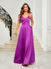 SHEIN Belle Túi ẩn Xa ten Váy Phù dâu Dây - Màu Hồng Tươi - Xem 1