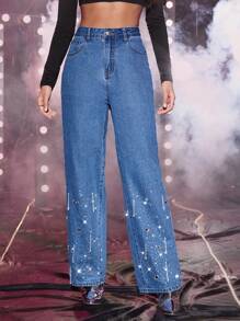 高腰潑墨圖案闊腿牛仔褲 - 中等水洗藍 - 查看 1