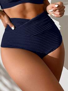 Swim Basics Summer Beach Twist Front High Waisted Bikini Set - Navy Blue - View 3