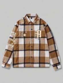 ROMWE MEN Street Life 男士字母印花格紋外套 - 卡其色 - 查看 2