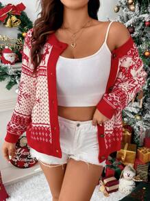 Celure Plus Christmas Pattern Raglan Sleeve Cardigan - Red - View 1
