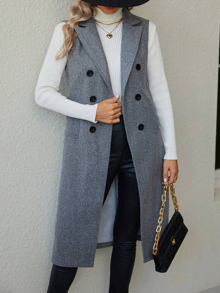 SHEIN Frenchy Đôi ngực Cổ bẻ Đôi ngực Áo khoác vest - Xám - Xem 1