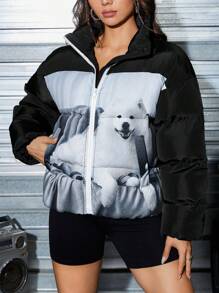 SHEIN EZwear Dog Print Drop Shoulder Zipper Padded Coat - Black - View 4