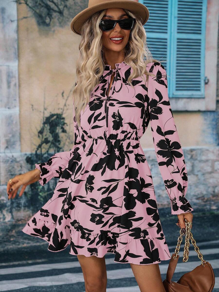 SHEIN Clasi In hoa Cà vạt Tay áo loe Xù Hoa Sen Đầm - Màu Hồng baby - Xem 1