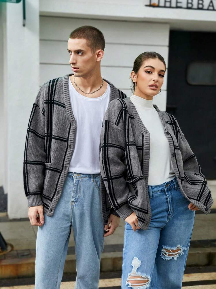 1pc Loose Fit Men's Plaid Patterned Drop Shoulder Cardigan, For Fall Winter