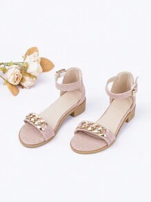 Girls Chain Decor Chunky Heeled Ankle Strap Sandals - Pink - View 6