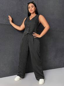 SHEIN EZwear Áo vest kẻ sọc và quần dài cho lễ tốt nghiệp, trở lại trường, trang phục giáo viên dành cho phụ nữ vào mùa thu/đông - Đen và trắng - Xem 5