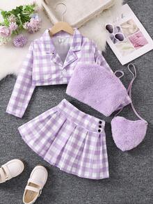 Cô Gái Trẻ Bản in Gingham Cổ áo Áo vest & Chân Váy xếp ly - Màu tím - Xem 6