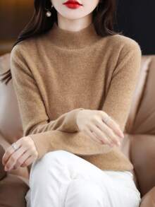 100% Merino Wool Women's Sweater Soft Warm Mock Neck Pullover Fall Winter Sweater One-Line Seamless Sweater - Khaki - View 3