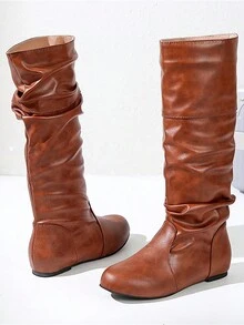 女性秋天時尚復古中等的上衣牛仔靴帶圓頭和折疊設計騎士靴子,冬天 - 棕色 - 查看 6