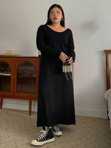 Dazy Petite Plus Màu thuần Vòng cổ Viền chia cắt Đầm Áo len - màu đen - Xem 10