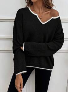 SHEIN LUNE Contrast Binding Notched Neckline Drop Shoulder Sweater