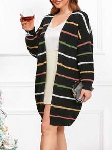 SHEIN LUNE 大码条纹落肩开衫 - 黑色 - 查看 4