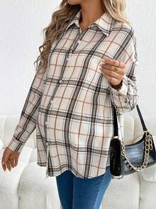 SHEIN 孕婦格紋印花落肩袖襯衫 - 白色 - 查看 4