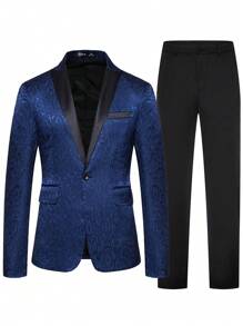 Manfinity Mode Men Jacquard Peak Collar Blazer & Suit Pants Set - Blue - View 3