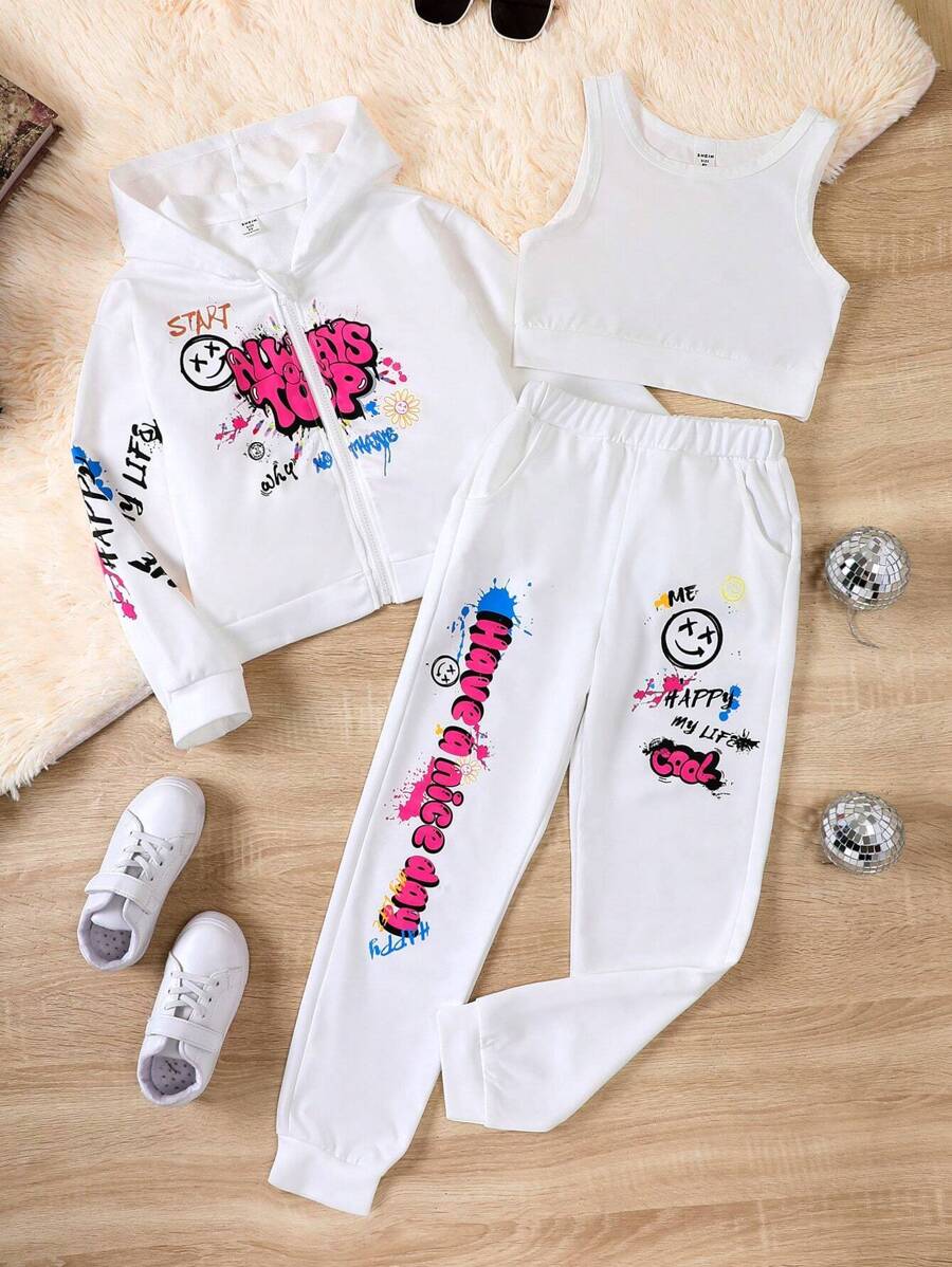 SHEIN Tween Girl Cartoon & Letter Graphic Hoodie & Sweatpants & Tank Top
