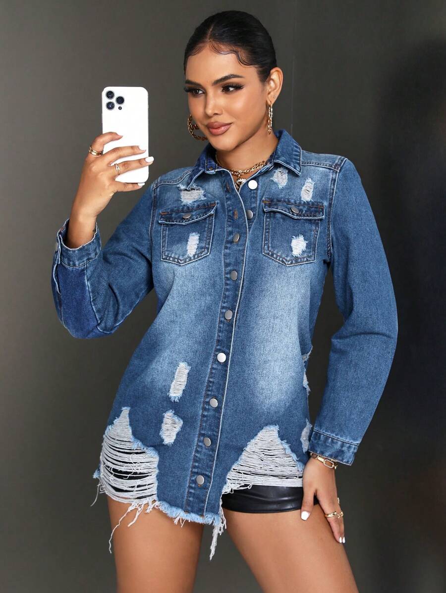 SHEIN SXY Ripped Raw Hem Denim Jacket - Medium Wash - View 1