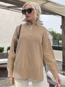 前拉鍊落肩袖下擺開叉套頭毛衣 - 卡其色 - 查看 5