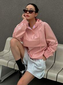 Dazy Star 素色半拉鏈抽繩連帽夾克 - 粉色 - 查看 1