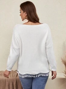 SHEIN VCAY Plus Drop Shoulder Fringe Hem Sweater - White - View 4