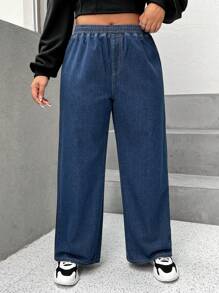 SHEIN EZwear Plus Elastic Waist Wide Leg Jeans - Dark Wash - View 3