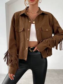 SHEIN Privé 翻蓋口袋流蘇邊落肩袖夾克 - 棕色 - 查看 4
