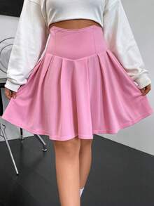 SHEIN Qutie 大碼高腰褶皺細節喇叭半身裙 - 粉色 - 查看 5