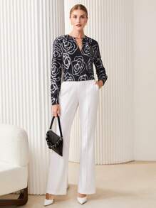 BizChic In hoa Chuỗi Cổ lỗ khóa Áo sơ mi - màu đen - Xem 3