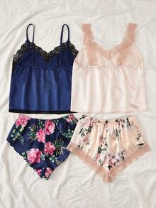 4pcs Floral Print Lace Trim Satin PJ Set - Multicolor - View 2