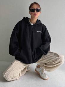 DAZY Letter Graphic Zip Up Drop Shoulder Drawstring Thermal Lined Hoodie,Long Sleeve Tops,Fall Women Clothes Sweatshirt Jacket - Black - View 5