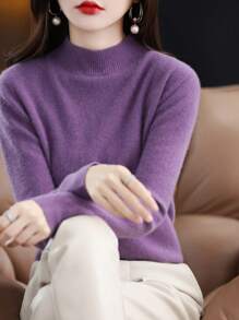 100% Merino Wool Women's Sweater Soft Warm Mock Neck Pullover Fall Winter Sweater One-Line Seamless Sweater - Purple - View 2