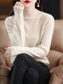 100% Merino Wool Women Sweater, Soft & Warm, Turtleneck Pullover, Autumn/Winter, Seamless One-Piece Design - Apricot - View 4