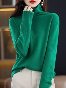 女式 100% 美利奴羊毛无缝毛衣高领秋冬保暖柔软针织复古毛衣长袖针织套头衫上衣 - 綠色 - 查看 6