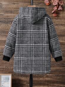 Tween Boy 1pc Houndstooth Dual Pocket Hooded Overcoat - Black - View 2