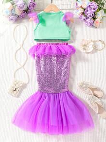 SHEIN Glamorique Kids 女大童亮片拼接荷葉邊短款上衣和美人魚網紗邊半身裙 - 紫羅蘭色 - 查看 2