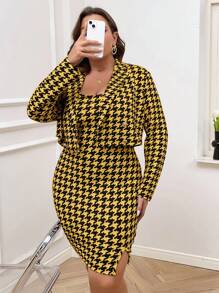 SHEIN Privé Hơn In Houndstooth Váy Dây & Mở Mặt trước Áo vest - Màu vàng - Xem 1
