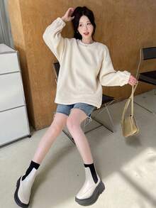 DAZY Solid Drop Shoulder Oversized Sweatshirt - White - View 5