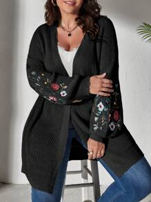 SHEIN CURVE+ Plus Size Floral Embroidery Drop Shoulder Cardigan - Black - View 1