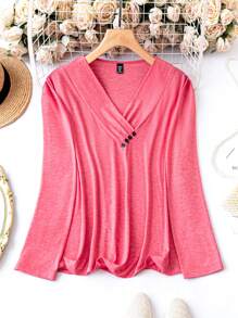 SHEIN LUNE Plus Button Detail V Neck Tee - Pink - View 1