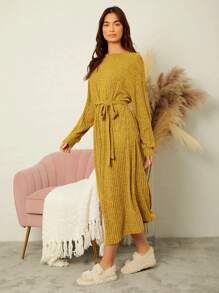 Mulvari Solid Belted Ribbed Knit Dress - Yellow - View 3