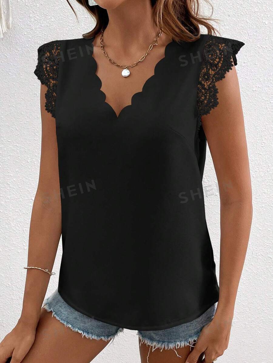 SHEIN VCAY Blusa con encaje en contraste ribete en abanico - Negro - Ver 1