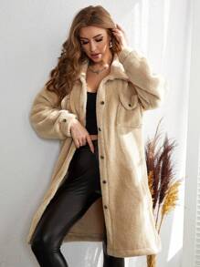 RueChic Drop Shoulder Flap Pocket Teddy Coat - Beige - View 3