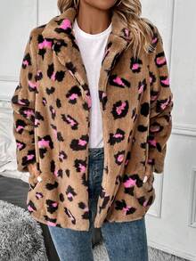 SHEIN LUNE Leopard Print Lapel Neck Teddy Coat - Multicolor - View 5