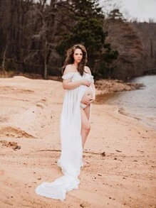 Maternity Off Shoulder Floor Length Mesh Overlay Dress For Maternity Photoshoot - White - View 3