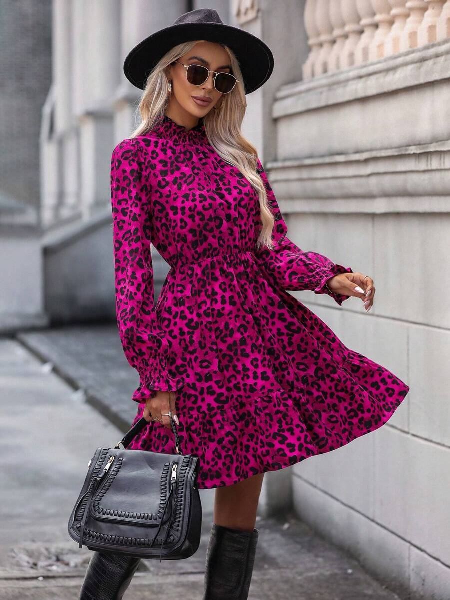 SHEIN Clasi 豹紋印花荷葉袖荷葉邊洋裝 - 玫紅色 - 查看 1